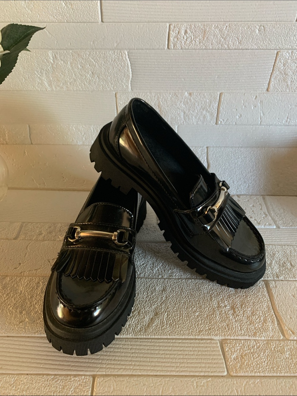 Old Navy Black Patent Loafers with silver Bit & Kiltie Fringe